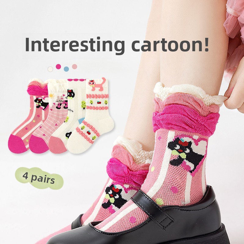 [4 คู่แพคเกจ] ถุงเท้าเด็กกระต่ายแมวการ์ตูนน่ารัก ก-ระดับ ผ้าฝ้ายตาข่ายบางระบายอากาศระงับกลิ่นกายดูดซับเหงื่อ