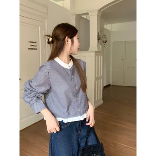 Mimi&Didi เสื้อเชิ้ตคอกลมแขนยาวลายทางเกาหลีสีตัดกันแขนสั้นหวานอเนกประสงค์ ทรงหลวม การออกแบบปุ่มสีทอง สำหรับผู้หญิง#W594