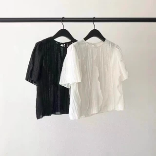 เสื้อเชิ้ตแขนสั้นจับจีบคอกลมสีพื้นอเนกประสงค์สําหรับฤดูร้อน เสื้อแฟชั่นผู้หญิง เดรส