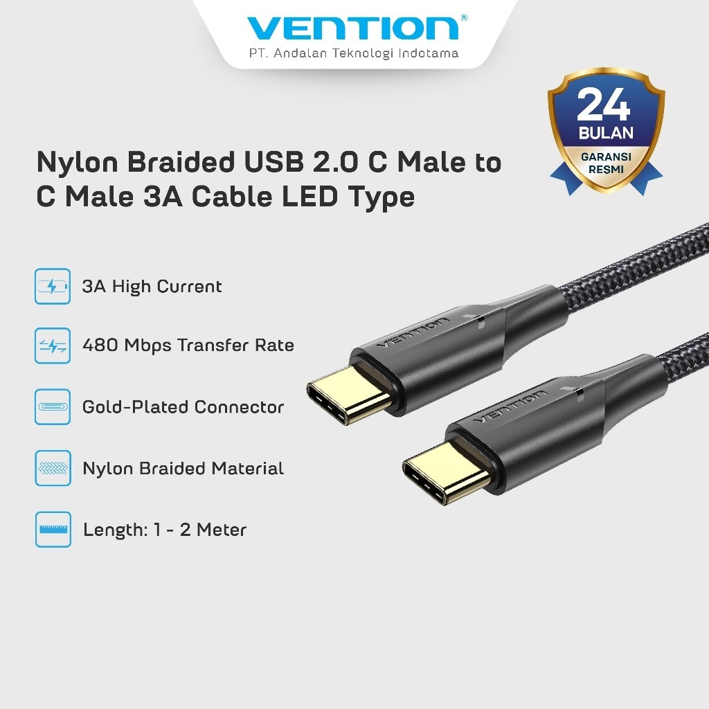 Vention สายชาร์จ USB C to C 3A Fast Charging Nylon Braided 50CM 1M 1.5M 2M 3M - TAU