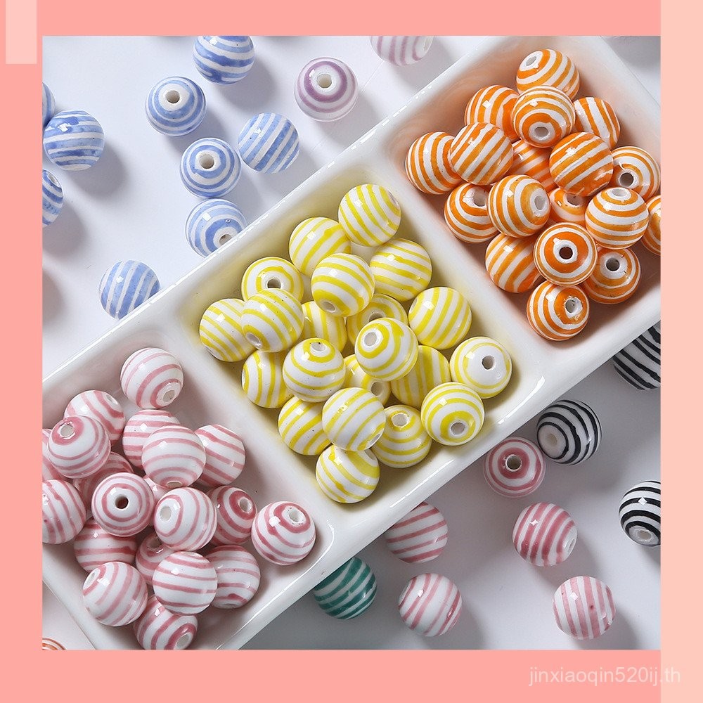 [JIN] ลูกปัดทรงกลม diy สีลูกกวาดเซรามิก รูตรง diy