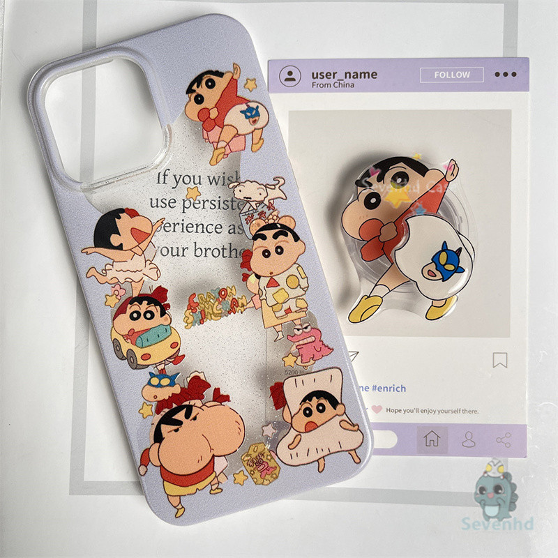 น่ารัก Crayon Shinchan คู่สําหรับ IPhone 11 16 7Plus 15 14 13 12 Pro Max X XR Xs Max 8 7 Plus SE2020 Clear Glitter INS เกาหลีการ์ตูนเคสโทรศัพท์แฟชั่นฝาครอบป้องกัน