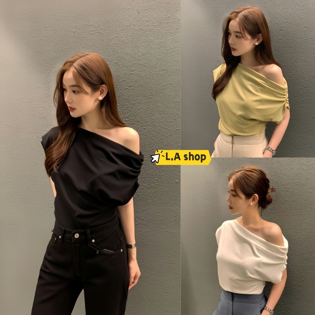 L.A Shop★สไตล์ใหม่★ คอปกแนวทแยง เสื้อครอป เปิด ไหล่ แขนสั้น สไตล์เกาหลี เลดี้  ป่า เสื้อยืดจีบ"FYP13"