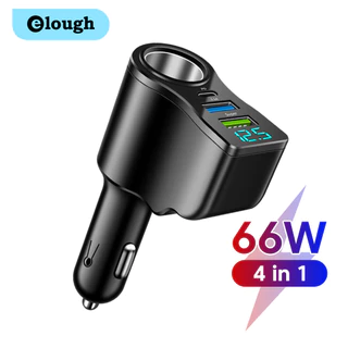 Elough 66W Dual USB Dual Type C ที่ชาร์จแบตในรถชาร์จเร็วจอแสดงผลดิจิตอล USB Type C อะแดปเตอร์ชาร์จ