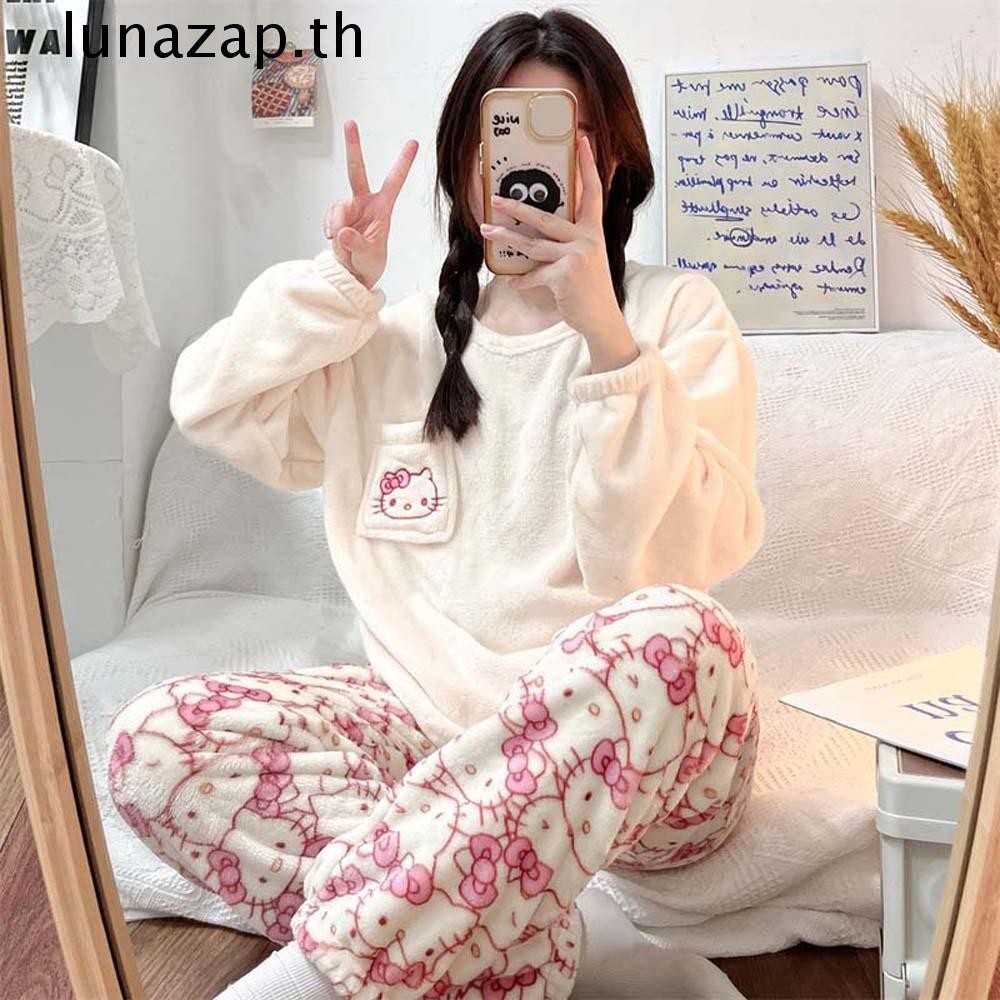 Lunazap Kitty Cat Coral ขนแกะชุดนอน,เกาหลี Ins สไตล์แขนยาว Kitty Cat Plush ชุดนอน,แขนยาวกางเกงสูท Kawaii นุ่มกางเกงหนาชุดนอนสุภาพสตรี