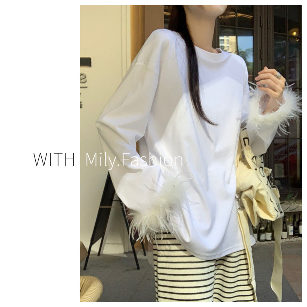 Milyfashion เสื้อยืดแขนยาวเย็บข้อมือขนนกเสื้อแฟชั่นต้นฤดูใบไม้ร่วงไซส์ใหญ่พิเศษ