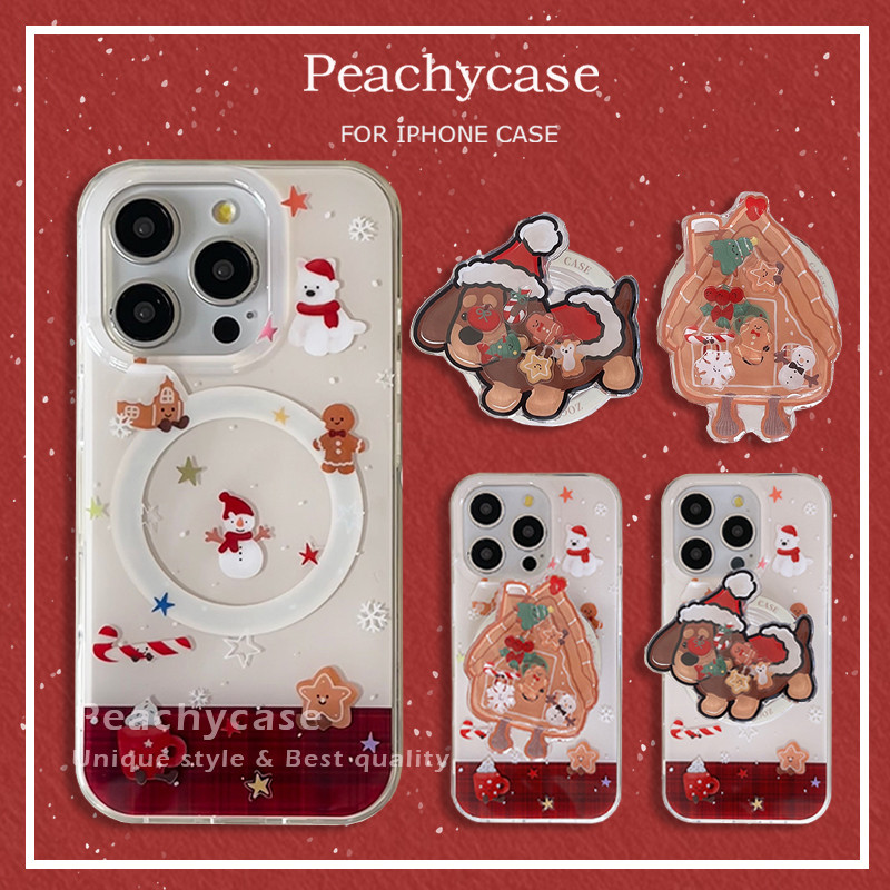 น่ารัก คริสต์มาสสุนัข Gingerbread Man Slippable ผู้ถือแม่เหล็กไร้สายชาร์จเคสโทรศัพท์สําหรับ iPhone 16 15 14 13 12 Pro Max IMD ปกหลัง Anti-scratch ปลอก