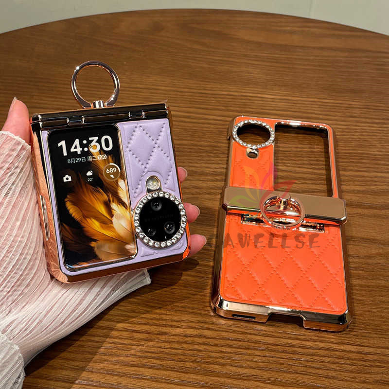 Electroplated Lattice หนังบานพับป้องกันกรณีพร้อมขาตั้งแหวน Oppo Find N3 Flip N2 Flip Bling Glitter ฝ