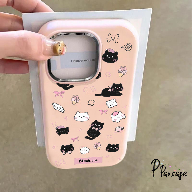 ลูกแมวการ์ตูนน่ารักเข้ากันได้เคสไอโฟน 16 15 11 13 12 14 Pro Max 15 7 8 Plus XR X XS Max SE โบว์สีชมพูหวานเลนส์โลหะเคส
