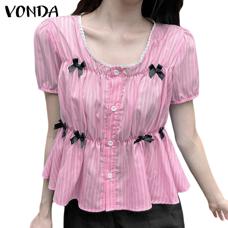 Vonda เสื้อเบลาส์แขนสั้นคอเหลี่ยมทุกวันสําหรับผู้หญิง