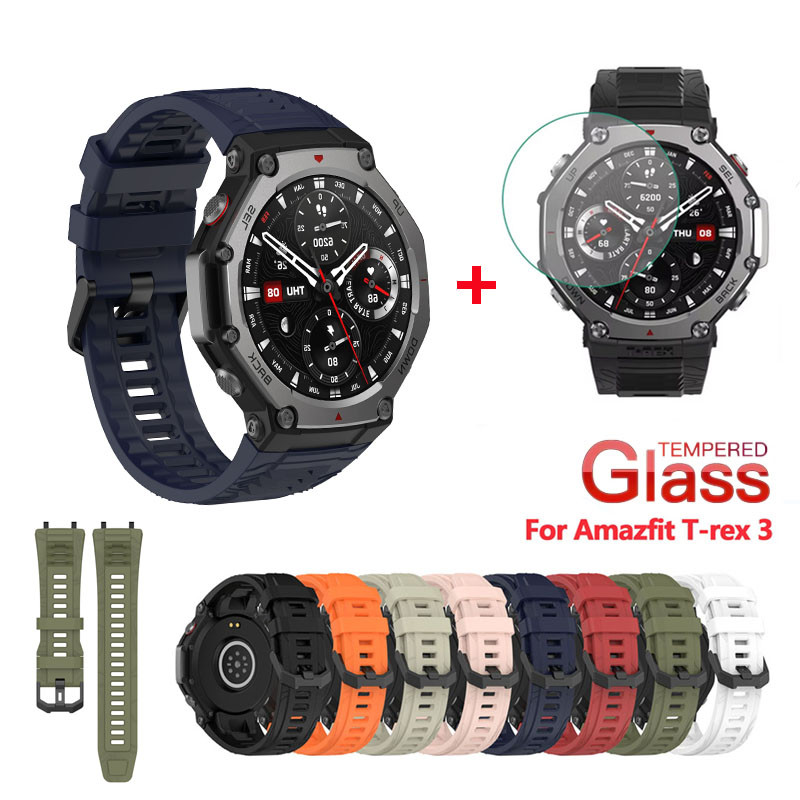 2in1 สายรัดซิลิโคน + 3 ชิ้นฟิล์มนิรภัยปกป้องหน้าจอสําหรับ Huami Amazfit T-REX 3