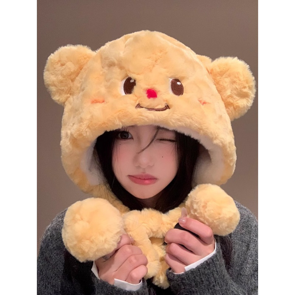 Misskoi [คลังสินค้าพร้อม] การ์ตูนน่ารักหมีเนยตุ๊กตาหมวกขนสัตว์เสื้อสวมหัวหมวกถักแบบบูรณาการอบอุ่นเย็นหลักฐานหนาฤดูใบไม้ร่วงฤดูหนาว Lei Feng หมวก