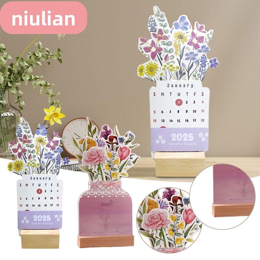 Niulian 2025 ปฏิทินนับถอยหลัง ตั้งโต๊ะ รูปแจกัน ดอกไม้บาน ของขวัญปีใหม่ แบบพกพา สําหรับตกแต่งโต๊ะทํางาน โรงเรียน