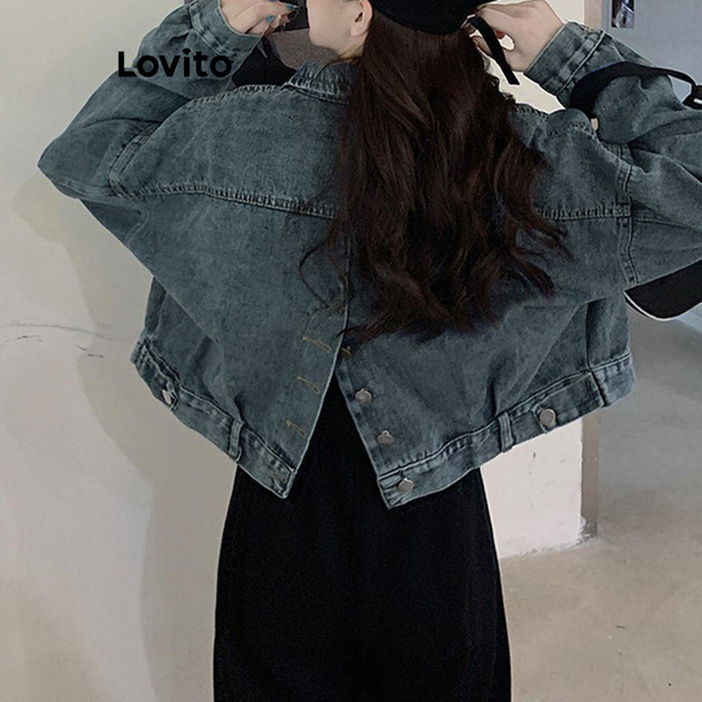 Lovito เสื้อแจ็คเก็ตยีนส์ผู้หญิง ฟอกสี แต่งผ่าหลัง สีพื้น สไตล์ลำลอง LNE71710
