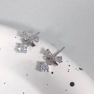 Jinjoo✨-S925-ต่างหูโบว์ รุ่น Crystal Bow Drop Earrings ดีไซน์น่ารัก (แป้นทับ925+แป้นจุกยาง) รหัส A22