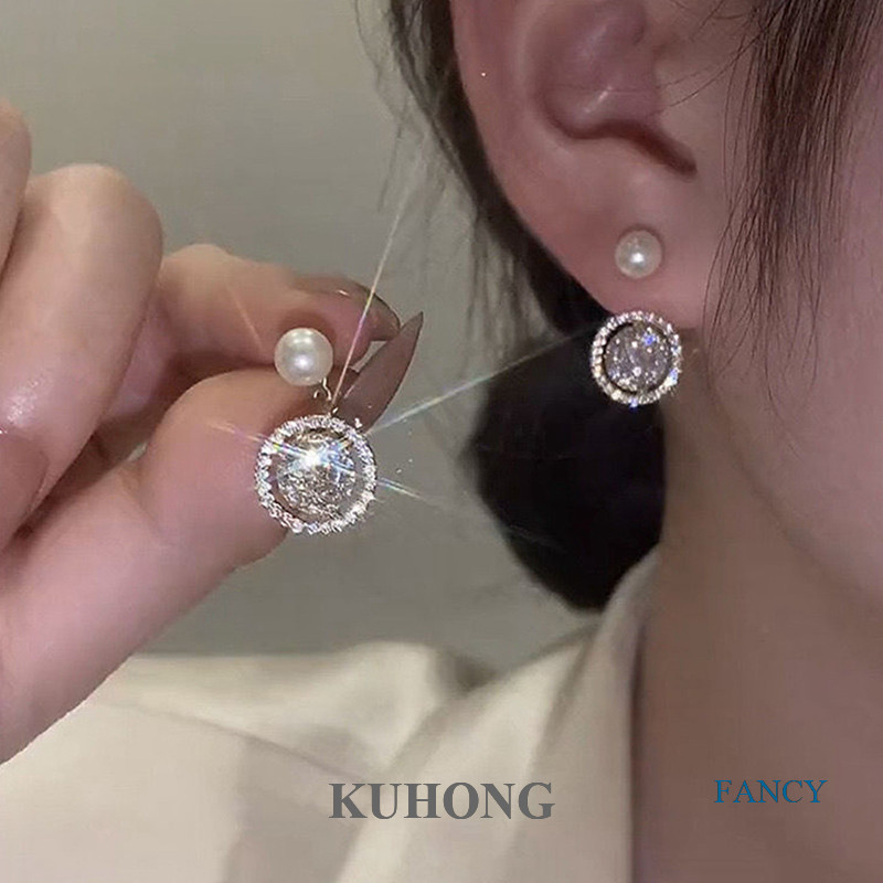 Kuhong Micro Pave ต่างหูสตั๊ดวงกลมเพทายมุกเดี่ยวสําหรับผู้หญิง