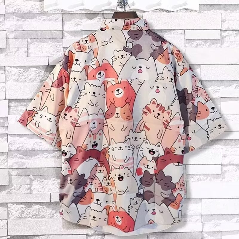 การ์ตูนลูกแมวเสื้อผู้ชายฤดูร้อนแขนสั้นแจ็คเก็ตแนวโน้ม ฮาวายหลวม