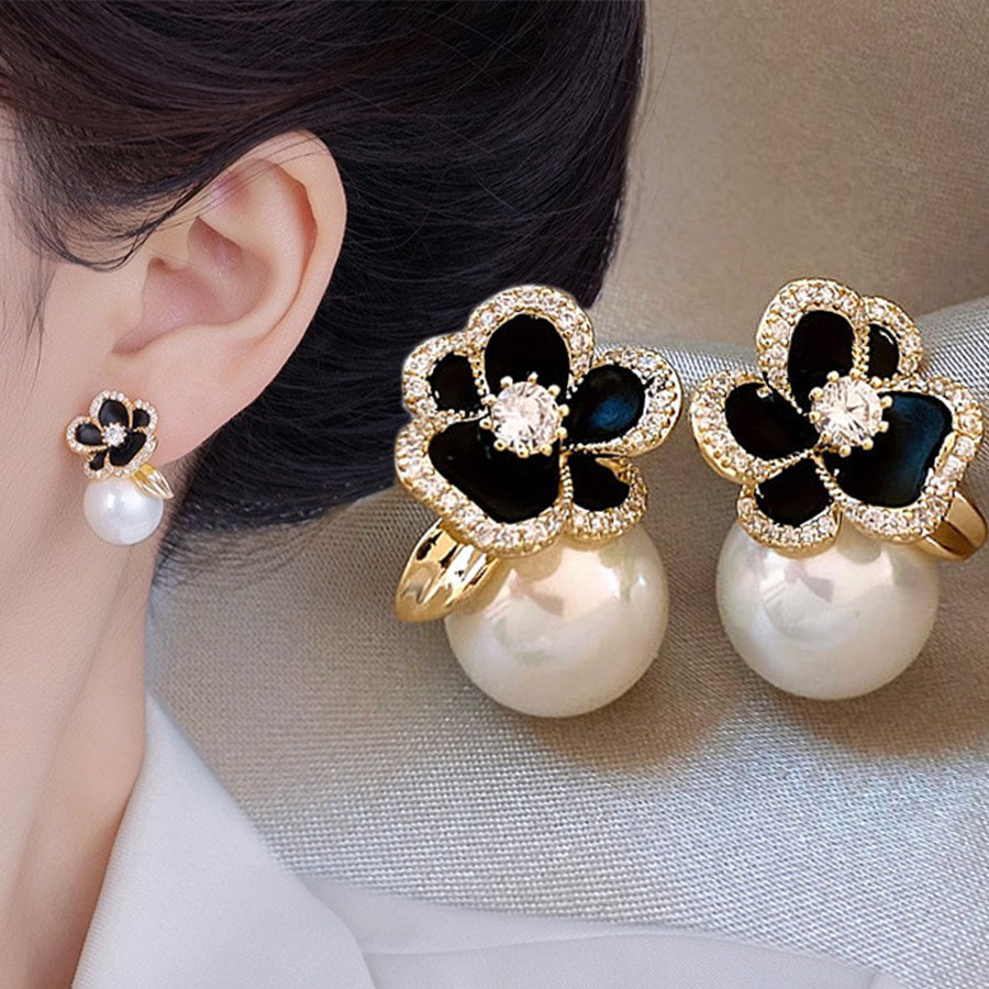 Black Rose ดอกไม้สามมิติ Rhinestone ต่างหูมุกแฟชั่นต่างหูระดับไฮเอนด์