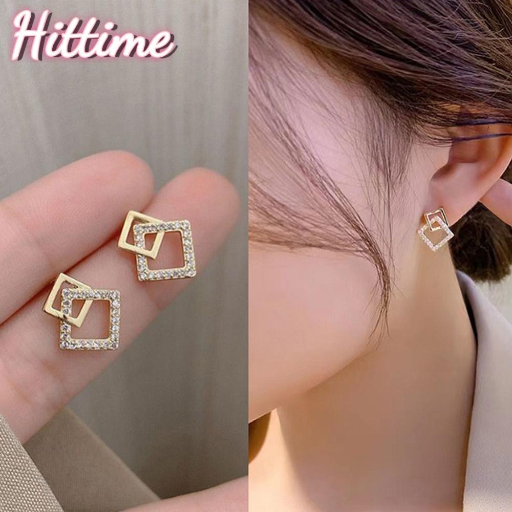 Hittime Square Zircon เรขาคณิตต่างหูประณีตต่างหูหู Studs ผู้หญิงอเนกประสงค์เครื่องประดับหู N9U7
