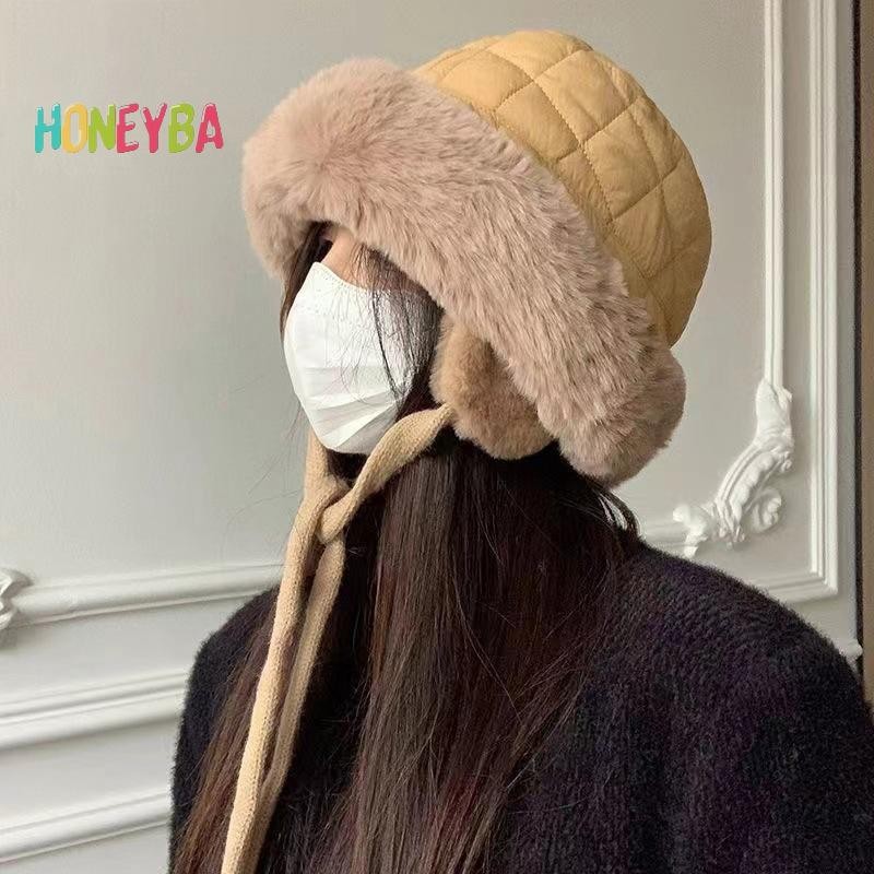 <Honeyba>แฟชั่นPlushขี่จักรยานหมวกฤดูหนาวThicken Anti-เย็นป้องกันหูหมวกชาวประมงหิมะกลางแจ้งwarm LacingหมวกของขวัญNice