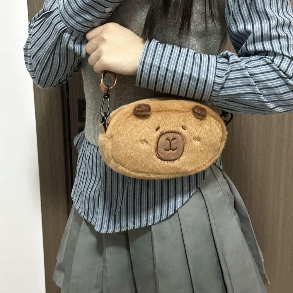 Jeremy1 Capybara Plush Crossbody Bag,สองด้าน Kawaii French Bread Capibara Bag,แบบพกพา Creative Coin Pouch Soft Fluffy Animal กระเป๋าถือเด็ก