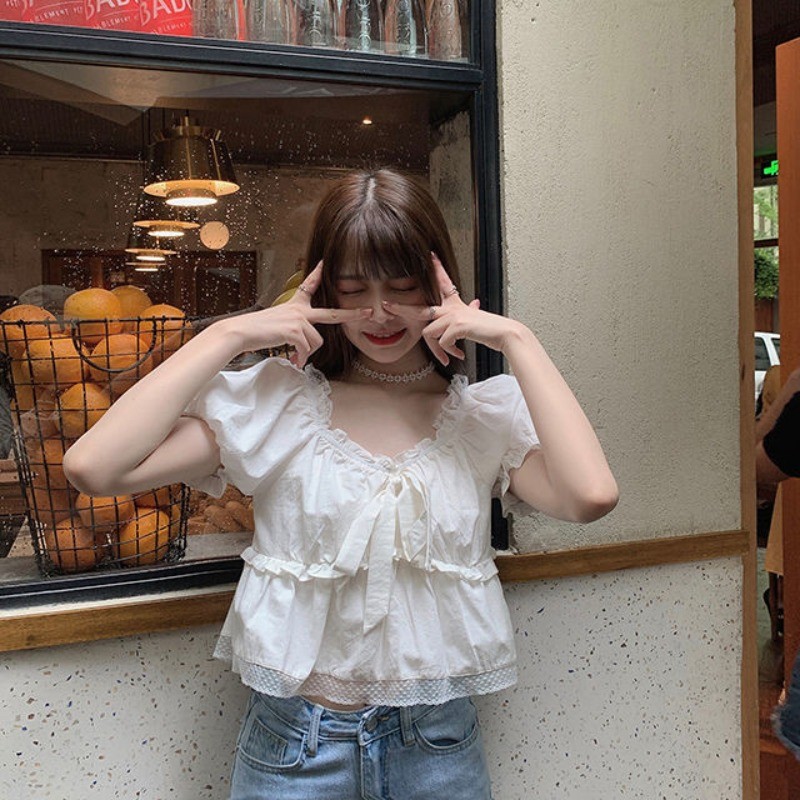 🧡LINNA🧡เวอร์ชั่นเกาหลี คอวี ลูกไม้ แขนยาว เสื้อเชิ้ต