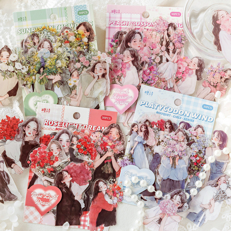 Mr.paper 30แผ่น/ถุงกันน้ำสัตว์เลี้ยงสติ๊กเกอร์กระเป๋าโรแมนติกวรรณกรรมช่อสาวรูปแบบรูปมือเต็นท์สติ๊กเก