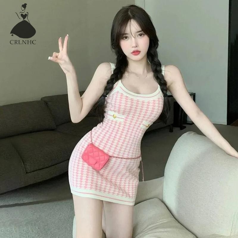 Crlnhc เซ็กซี่สลิงมินิเดรส Houndstooth สายคล้องคอถัก Slim ผู้หญิงห่อชุด Th