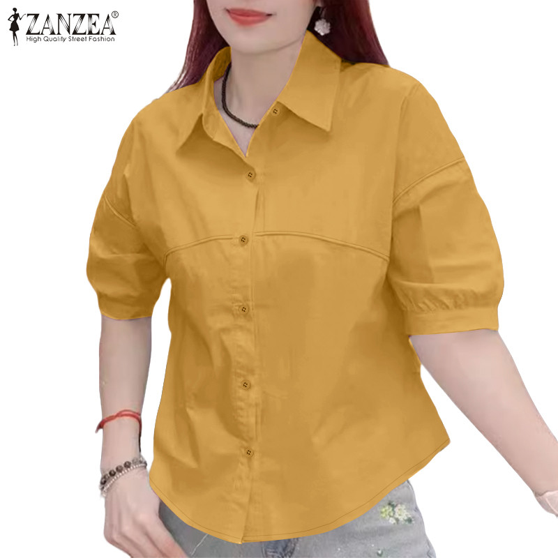 ZANZEA ใส่ ซานเซีย ผู้หญิงวันหยุดลําลองคอปก สาบพัฟ3/4แขนเสื้อ