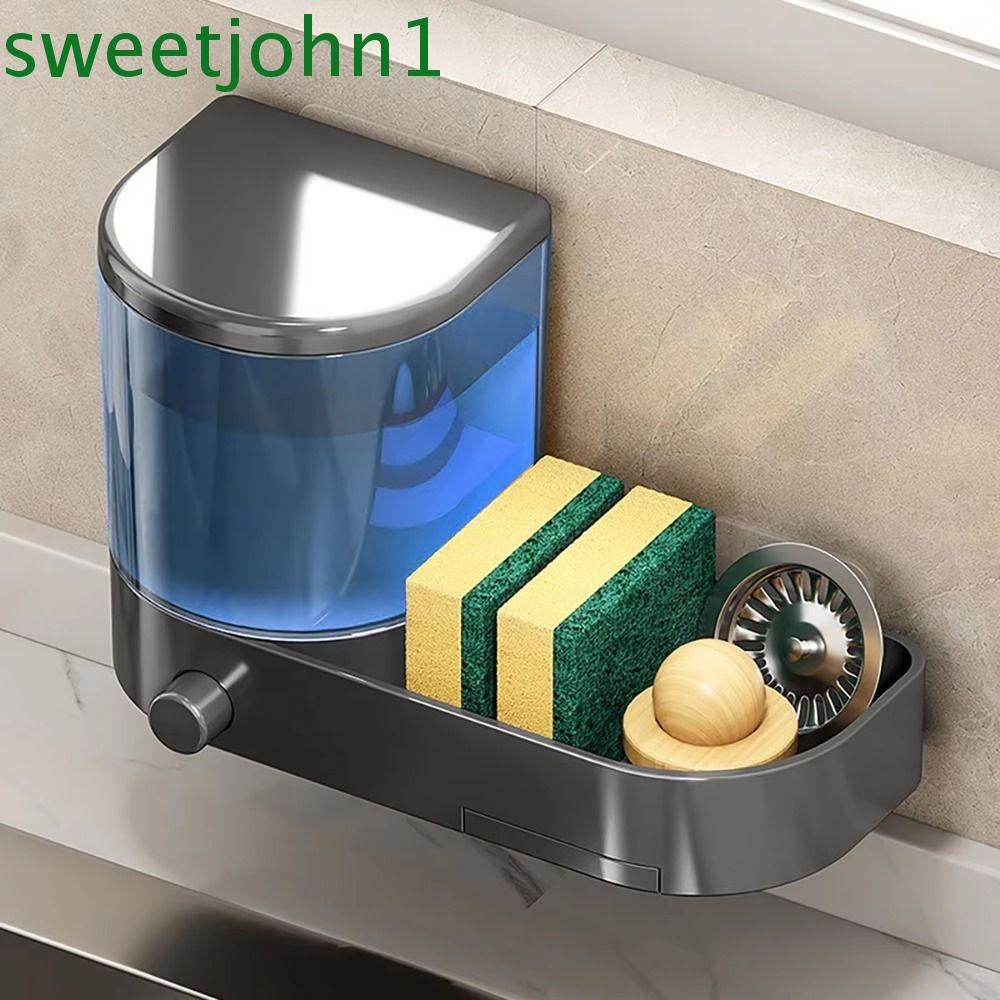 SWEETJOHN ที่วางน้ํายาล้างจาน, มือกดพร้อมถาดระบายน้ําติดผนังตู้ทําสบู่, ประหยัดพื้นที่พร้อมฟองน้ําผู้ถือขนาดใหญ่ความจุมือ Sanitizer คอนเทนเนอร์ห้องน้ํา