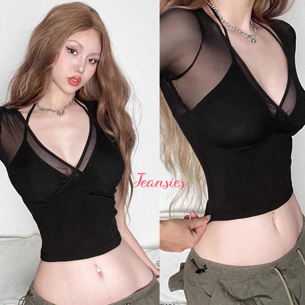 เสื้อครอปตาข่ายคอผูกแฟชั่นยุโรป สีดำ ทรงเข้ารูป แขนสั้น