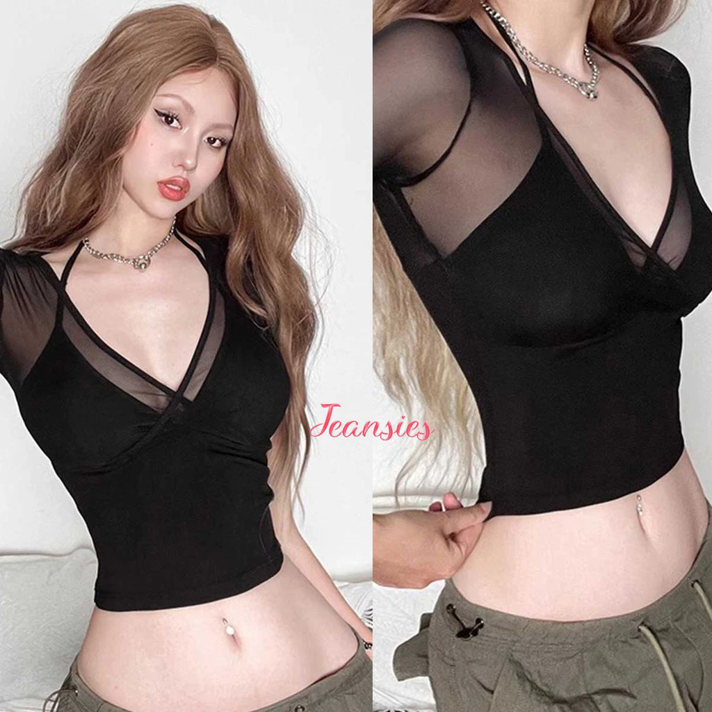 เสื้อครอปตาข่ายคอผูกแฟชั่นยุโรป สีดำ ทรงเข้ารูป แขนสั้น