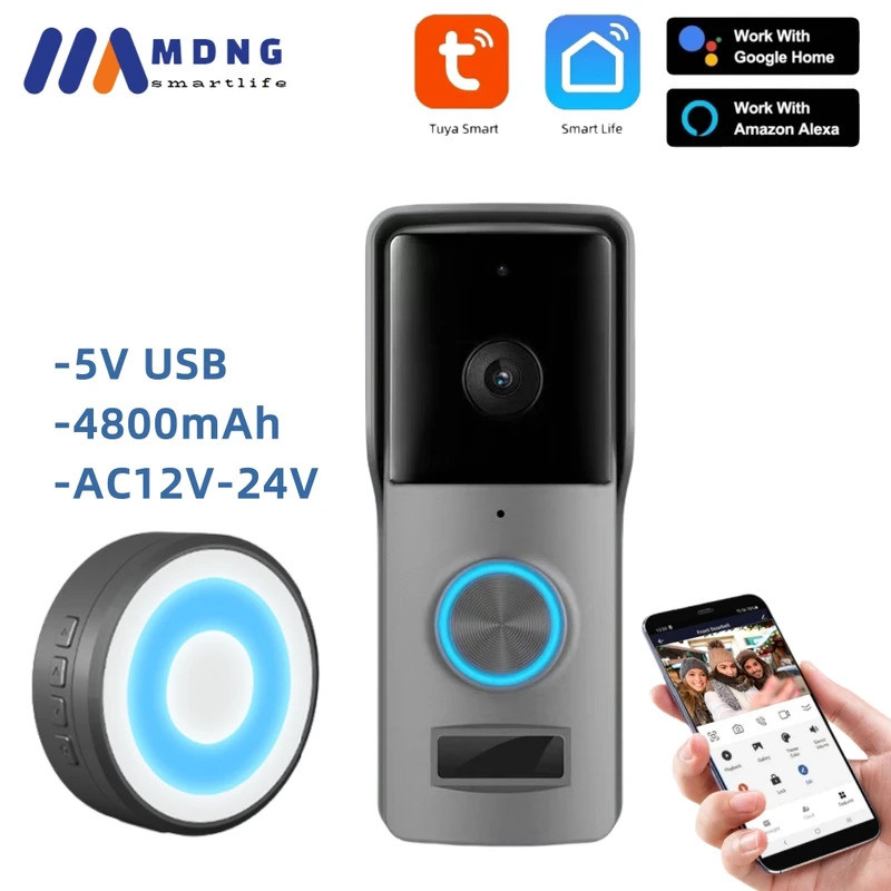 กล้องกริ่งประตูอัจฉริยะ Tuya 1080P กันน้ำ แบบมีสาย AC 12V-24V 4800mAh ชาร์จใหม่ได้ กริ่งประตูวิดีโอไร้สาย Alexa Google Home