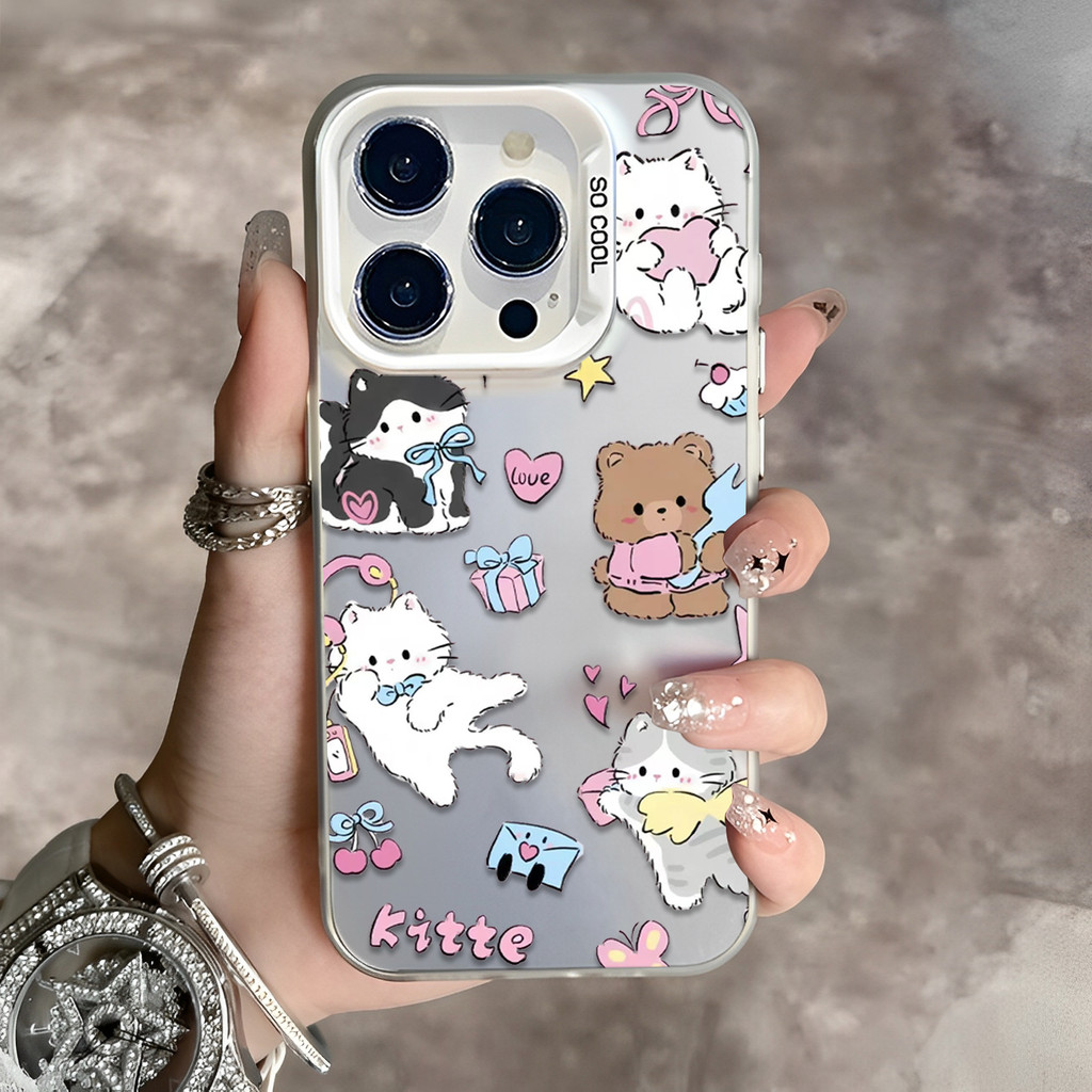 การ์ตูนลูกแมว เคสไอโฟนหรูหราไฮโซ For iphone 11 12 13 14 15 16 Pro MAX XR 14 15 Plus X XSMAX 7Plus เคสโทรศัพท์กันกระแทก