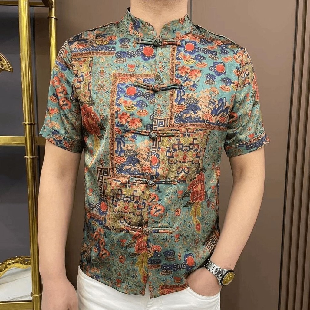 ชุดสูทแขนสั้นสไตล์ชาติพันธุ์จีนสำหรับผู้ชาย เสื้อเชิ้ตแขนสั้นแฟชั่นสบายๆ เสื้อแบบดั้งเดิม