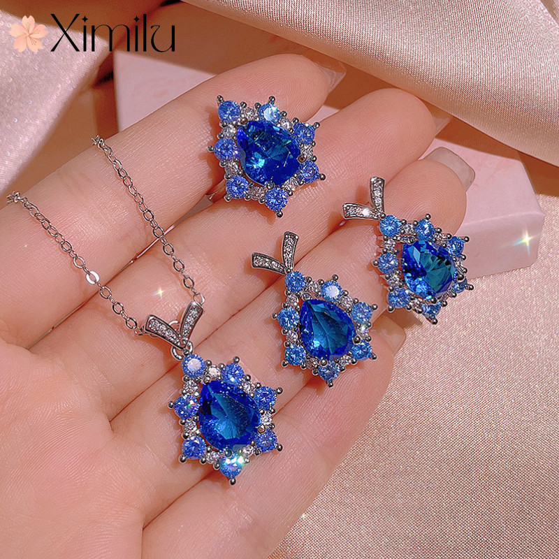 ❤ Creative Water Drop Sapphire Bow ชุดเครื่องประดับ Sapphire จี้สารภาพสร้อยคอหญิงงานแต่งงานต่างหู Sa