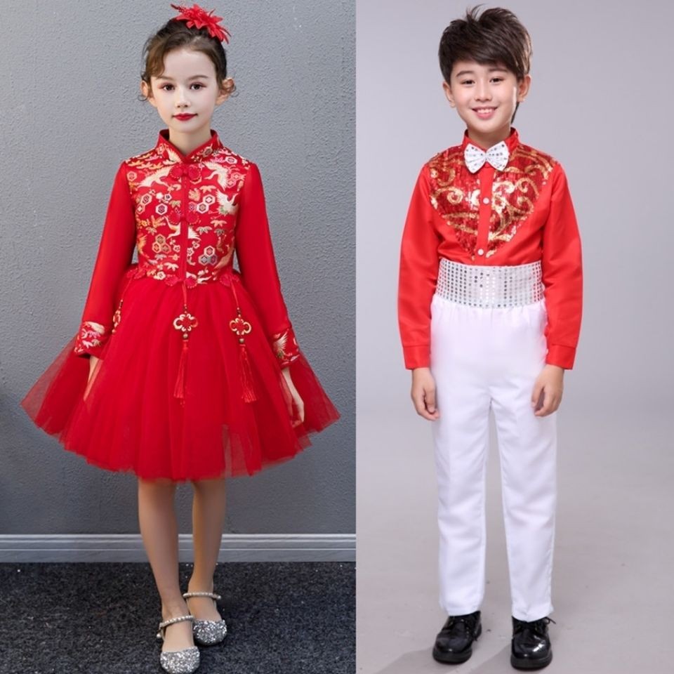 เด็กวันปีใหม่สีแดงเทศกาลประสิทธิภาพเครื่องแต่งกาย กลิ่นฉุน ชุดสาวสไตล์จีนบทกวีเชิญ ชอยร์ ชุดเจ้าหญิงเครื่องแต่งกาย 11.72