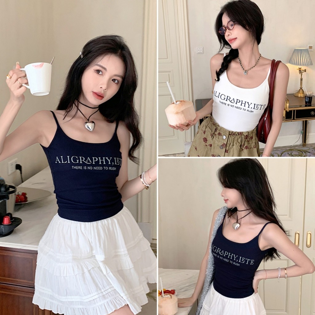 Betty house พร้อมส่ง เสื้อกล้ามผู้หญิง เสื้อครอป y2k สายเดี่ยวเซ็กซี่ แฟชั่น ดีไซน์พิมพ์ลายโมโนแกรม