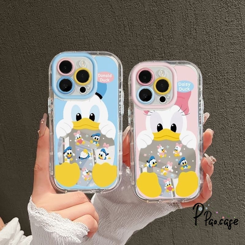 การ์ตูนโดนัลด์ดั๊กคู่รักเข้ากันได้เคสไอโฟน 11 16 13 15 XR 14 12 Pro Max 16 Pro 16 8 7 Plus X XS Max SE กระจกแต่งหน้าเคส