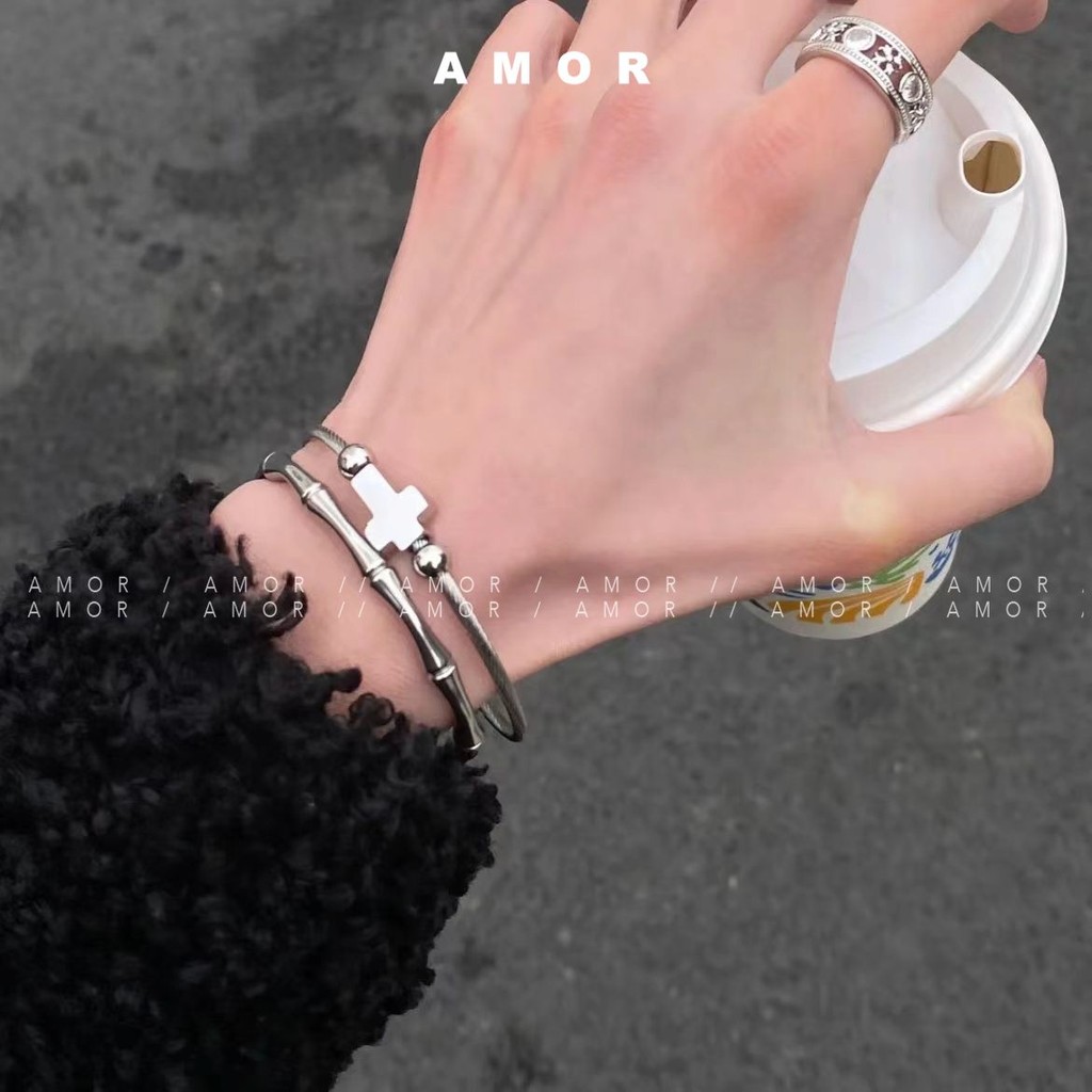 ชุดสูท unisex กากบาทเหล็กไทเทเนียม คนรักสร้อยข้อมือ ไม้ไผ่โหนด ปรับเปิด ดีไซน์นิช