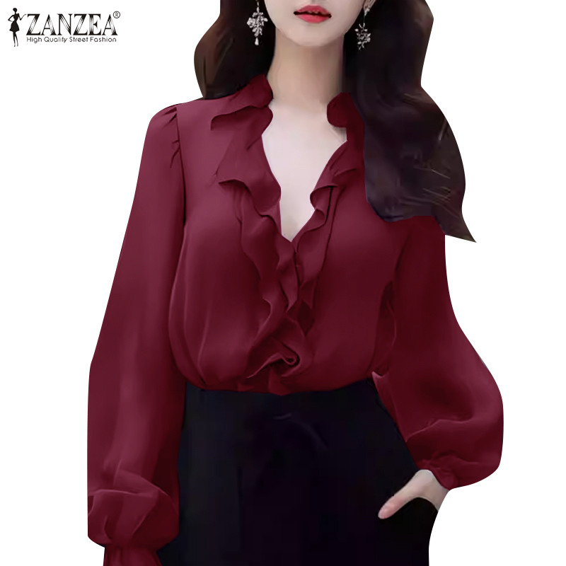 Zanzea เสื้อเบลาส์แขนยาวคอวีแฟชั่นเกาหลีสําหรับผู้หญิง