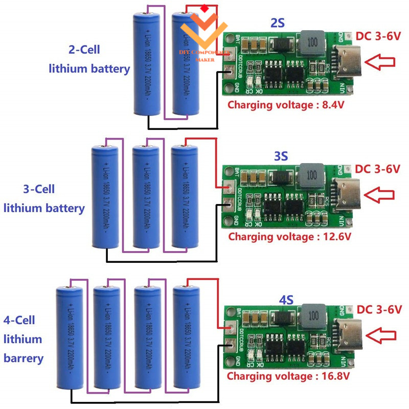Multi-cell 2S 3S 4S Type-C ถึง 8.4V 12.6V 16.8V Step-Up Boost LiPo Polymer Li-on แบตเตอรี่ชาร์จโมดูล