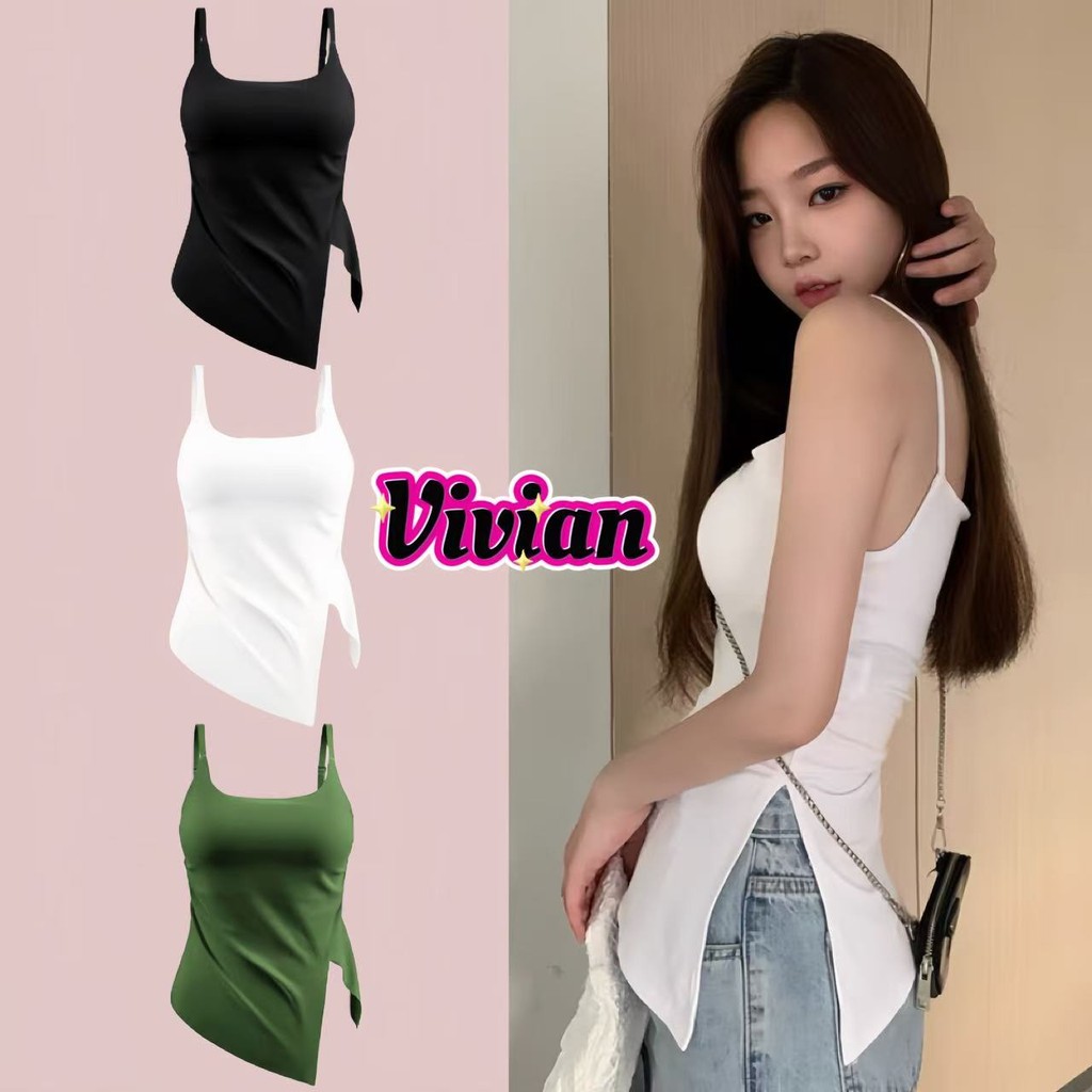 Vivian เสื้อกล้าม ผ่าด้านข้าง ความยาวไม่สม่ำเสมอ สายเอี๊ยมเสื้อกั๊ก สลิมฟิต ใส่สบาย สไตล์ลำลอง#11059