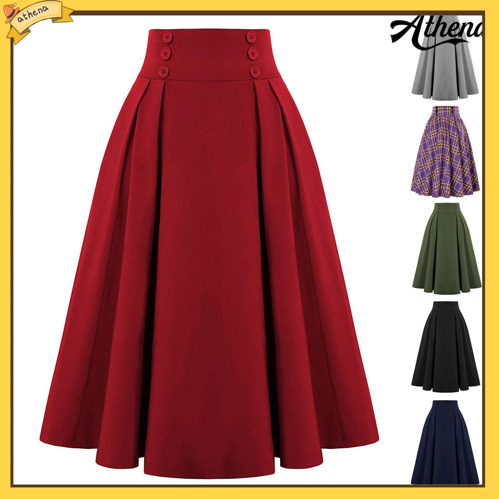 [athena] ผู้หญิงกระโปรงยืดหยุ่นเอวสูง A-Line Midi กระโปรง Contrast สีลายสก๊อตพิมพ์ขนาดใหญ่ Hem กระโปรงยาวปานกลางสวมใส่ทุกวัน