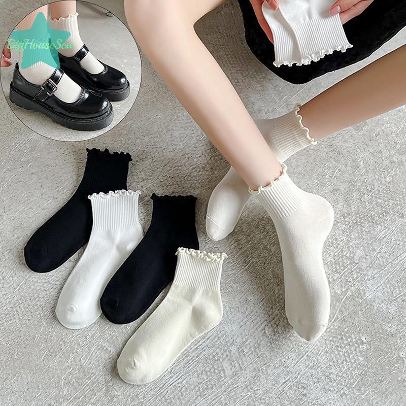 [BigHouseSea] ผ้าฝ้าย Ruffles ข้อเท้าถุงเท้าผู้หญิง INS ฤดูร้อนน่ารักเกาหลีถุงเท้าสาวฤดูใบไม้ผลิสีดําสีขาวกลางหลอดญี่ปุ่น Sox ใหม่