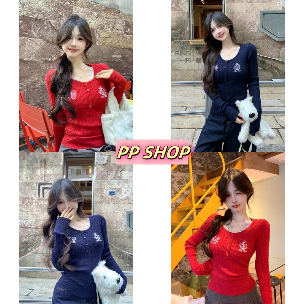 PP Shop​ ​พร้อมส่ง เสื้อไหมพรม เสื้อกันหนาว คอกลม แต่งลูกไม้ กระดุมหน้า งานปัก น่ารักๆ เสื้อยืดแขนยาว เข้ารูป#Z-E25