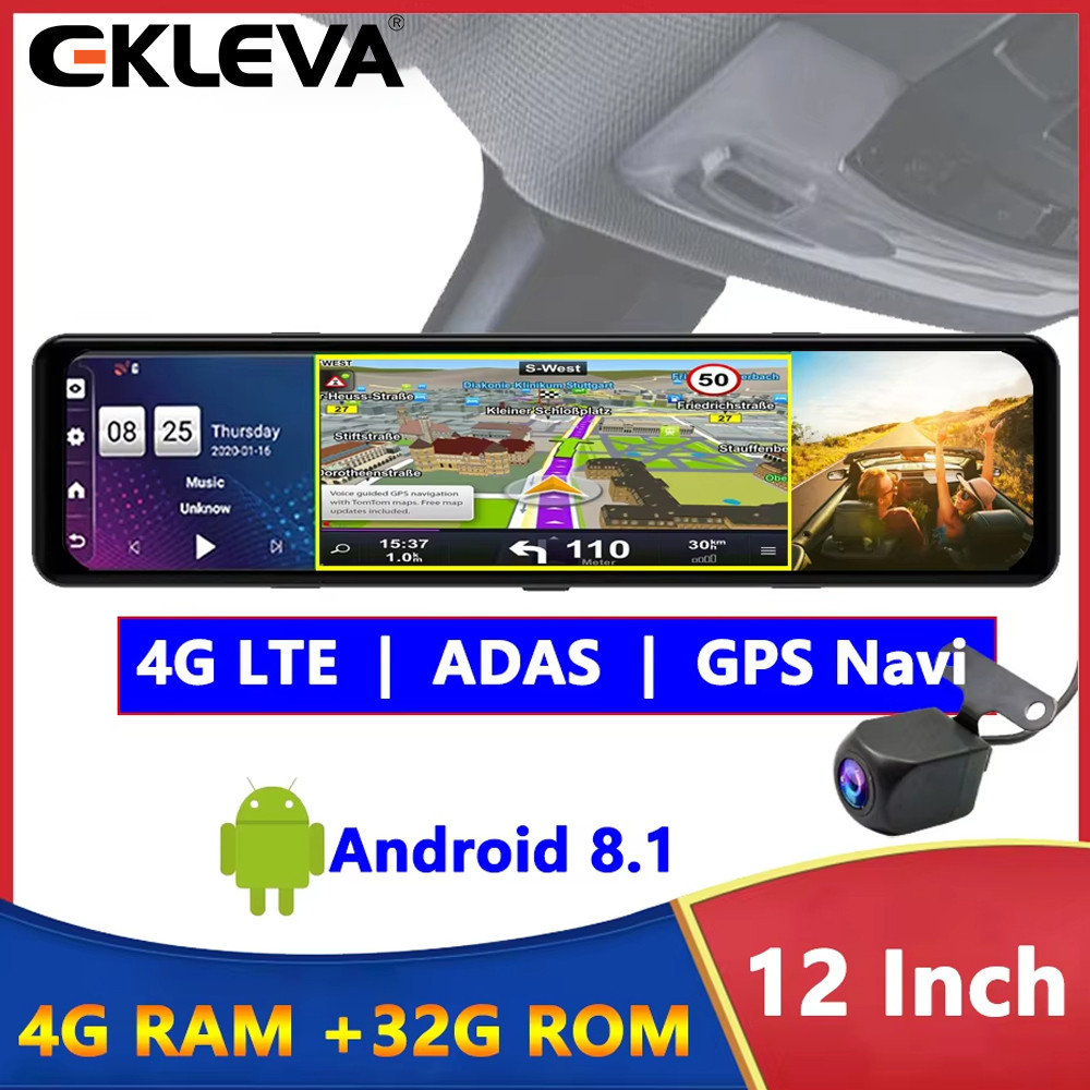 Ekleva 12 นิ้วแบบเต็มหน้าจอกระจกมองหลัง Dash Cam Android 8.1 4G รถ DVR Dash กล้อง ADAS WIFI GPS Navi