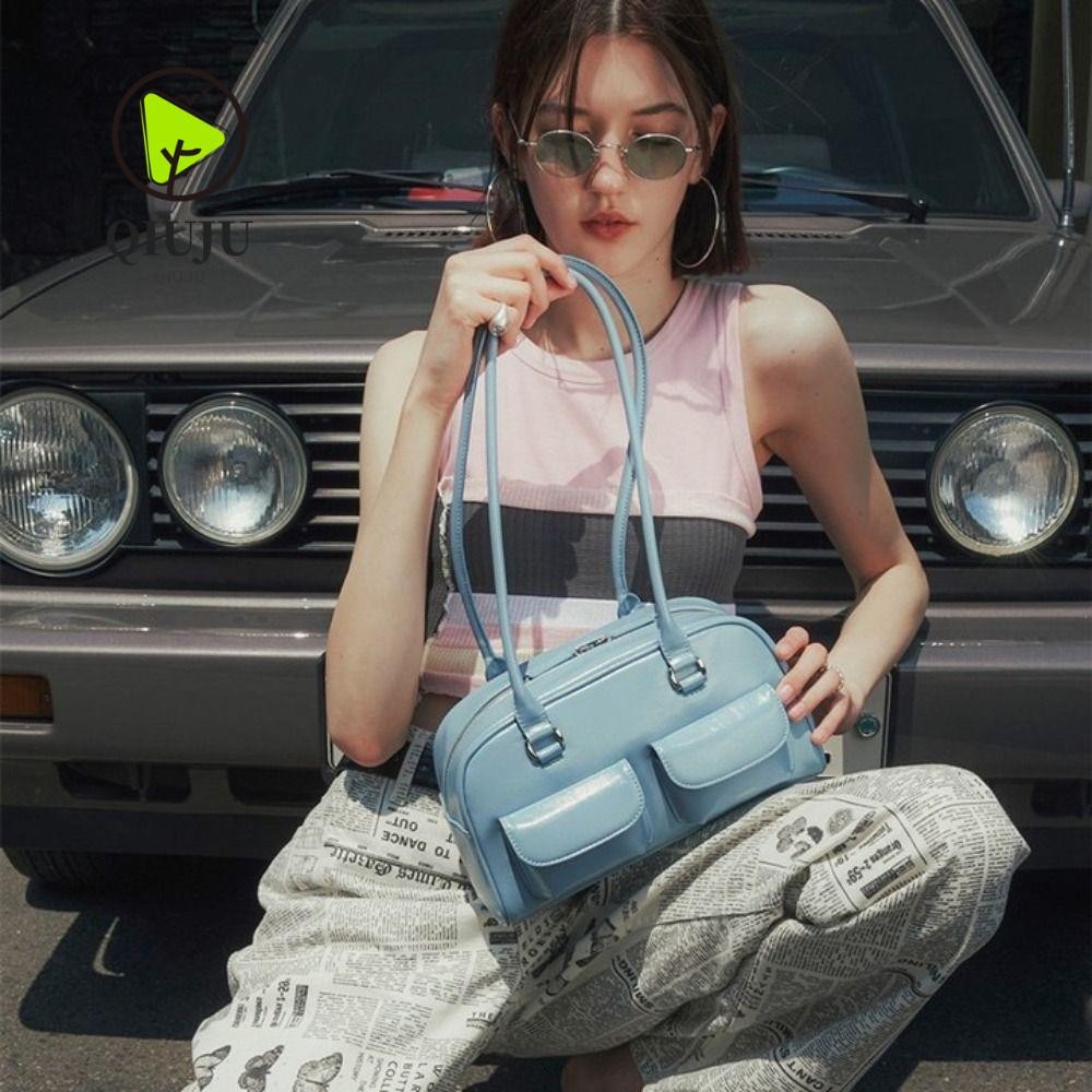 กระเป๋า QIJU Satchel Hobo, กระเป๋าสะพายข้าง PU ความจุสูง, กระเป๋าใต้วงแขนย้อนยุคสีทึบผู้หญิง