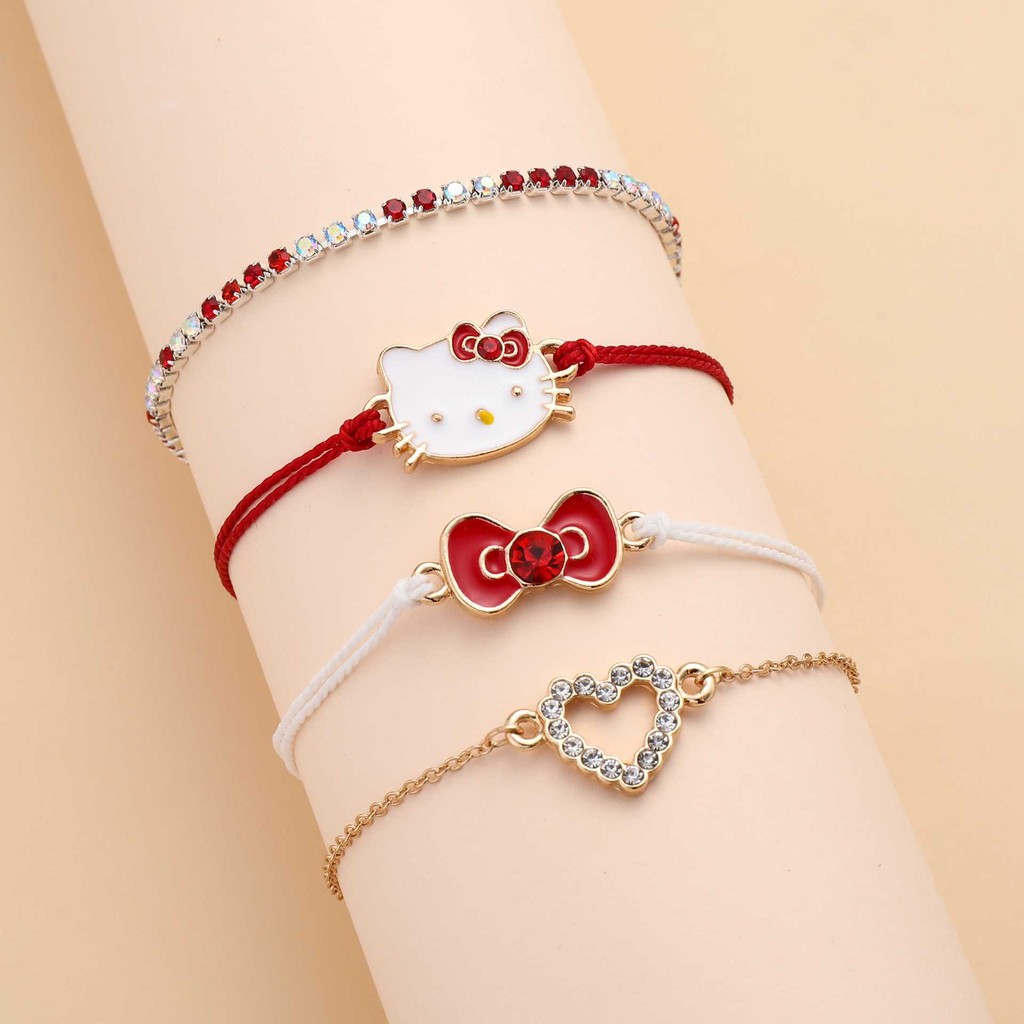 4 ชิ้นสีชมพูสาว Y2k Kawaii สร้อยข้อมือ Kitty Bow Heart ปรับจี้เครื่องประดับการ์ตูนสาวของขวัญสาย BFF สร้อยข้อมือ