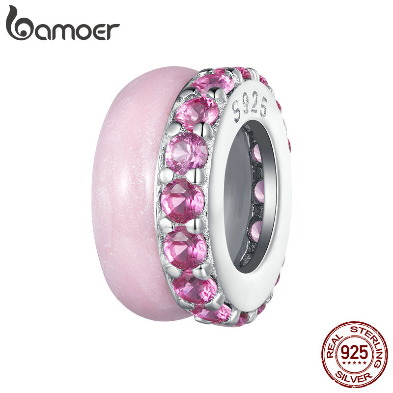 Bameor 925 เงินสเตอร์ลิง Sliver ลูกปัดสีชมพู Double-Layered Design Charm DIY สําหรับสร้อยข้อมือเครื่